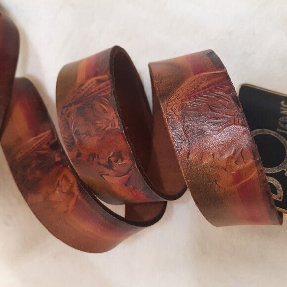 Vintage 70s 80s Tooled Leather Belt BO Jeans Big Buckle Brown Mens M Womens L - Picture 6 of 14